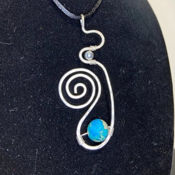 Truly Unique Hammered Stainless Steel Pendant w Blue Dyed Imperial Jasper Bead - Picture 1 of 6